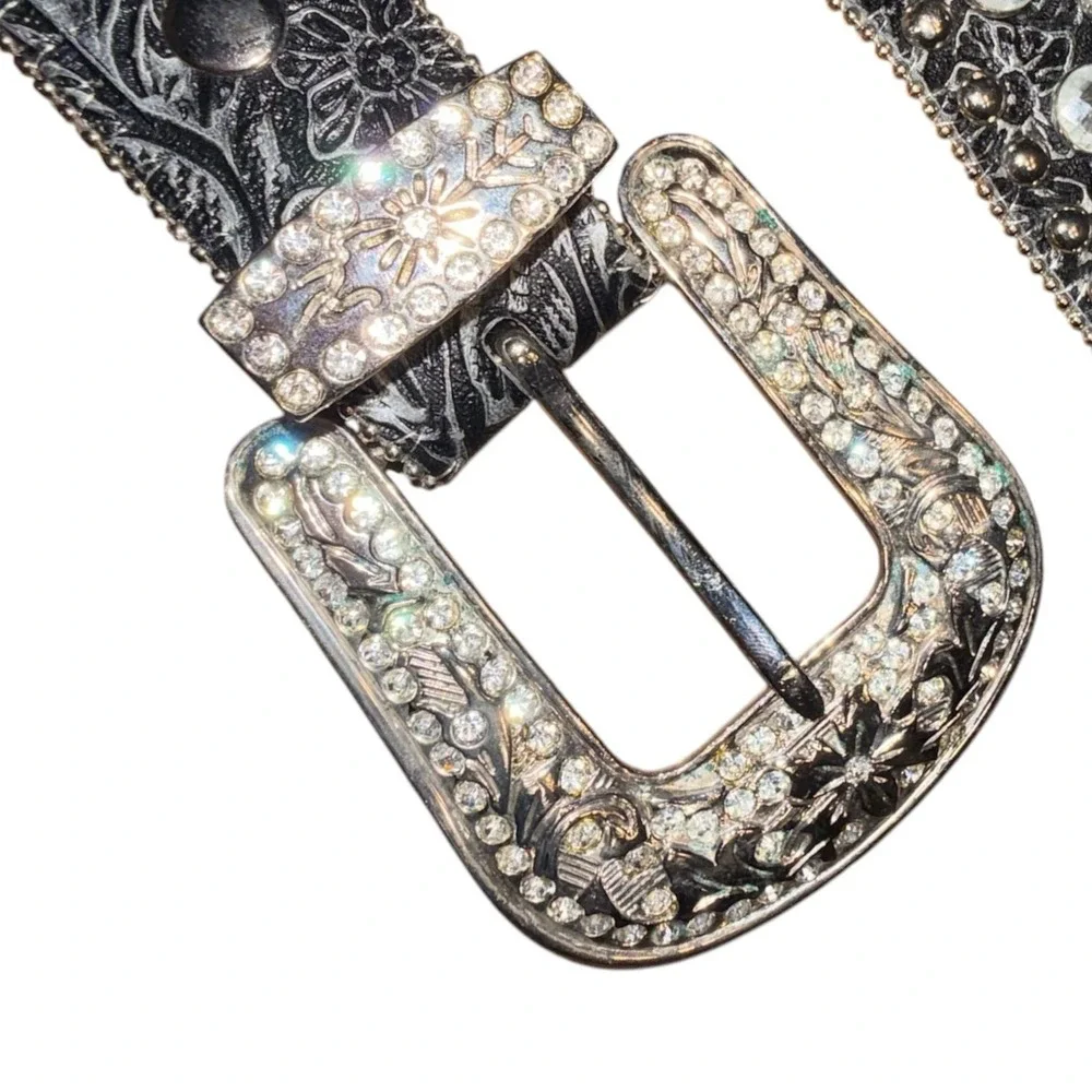Genuine Leather & Rhinestone Belt Women's XL Y2K Punk Western Bling